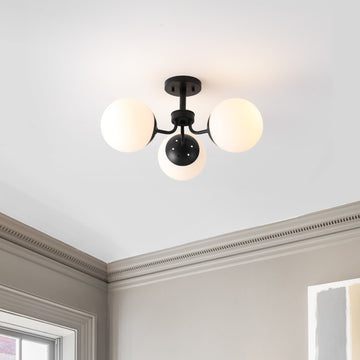 Olivier 23.5" 3-Light Bohemian Farmhouse Iron/Frosted Glass LED Semi Flush Mount - JONATHAN Y